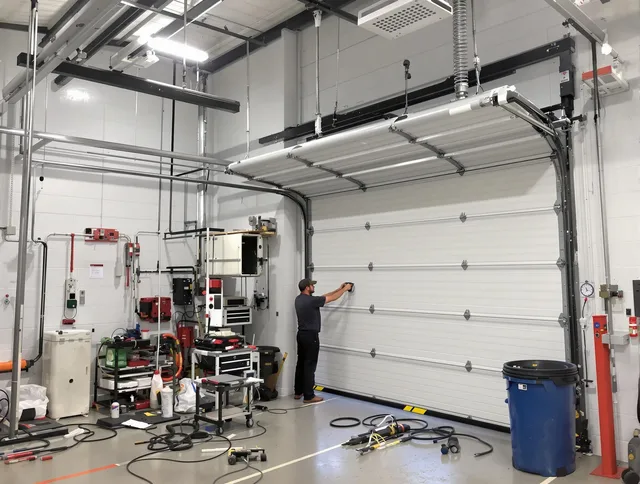 Wellington Garage Door Repair certified technician performing commercial door repair at a Wellington business facility