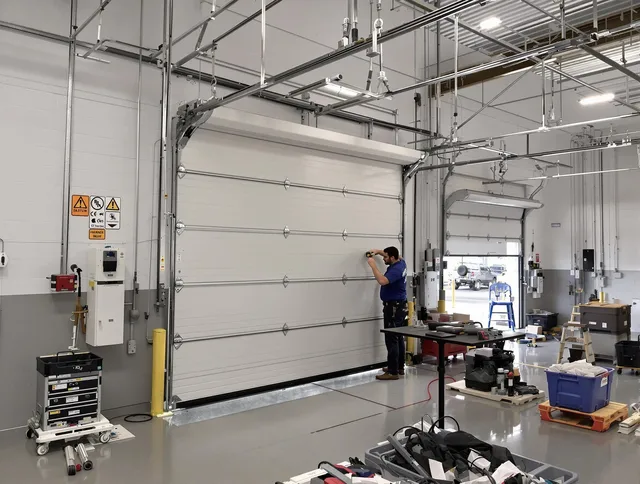 Commercial garage door repair being performed by Wellington Garage Door Repair expert in Wellington