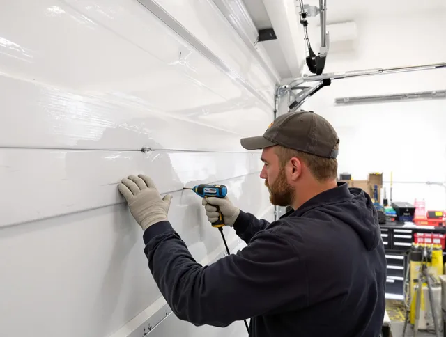Wellington Garage Door Repair technician demonstrating precision dent removal techniques on a Wellington garage door
