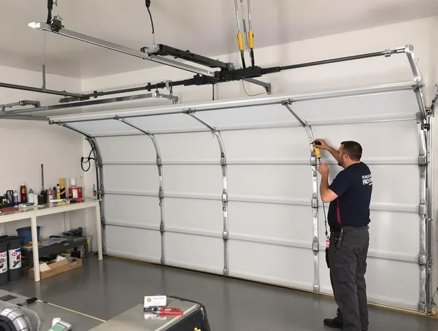 Wellington Garage Door Repair certified technician performing overhead door system repair in Wellington